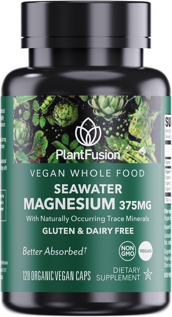 来自海水的植物融合 Vegan Magnesium Complex 375mg,生物可用海洋镁与发酵有机整体食品混合,非GMO,肌肉和放松支持,120 Cap