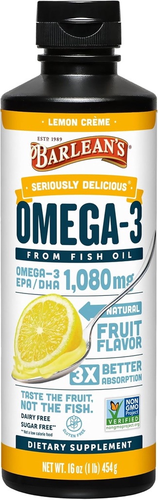 Barlean Omega 3 supliment lichid ulei de pește pentru bărbați și femei, Lemon Creme, 1080mg de Omega 3 EPA și DHA acid gras, 16 oz