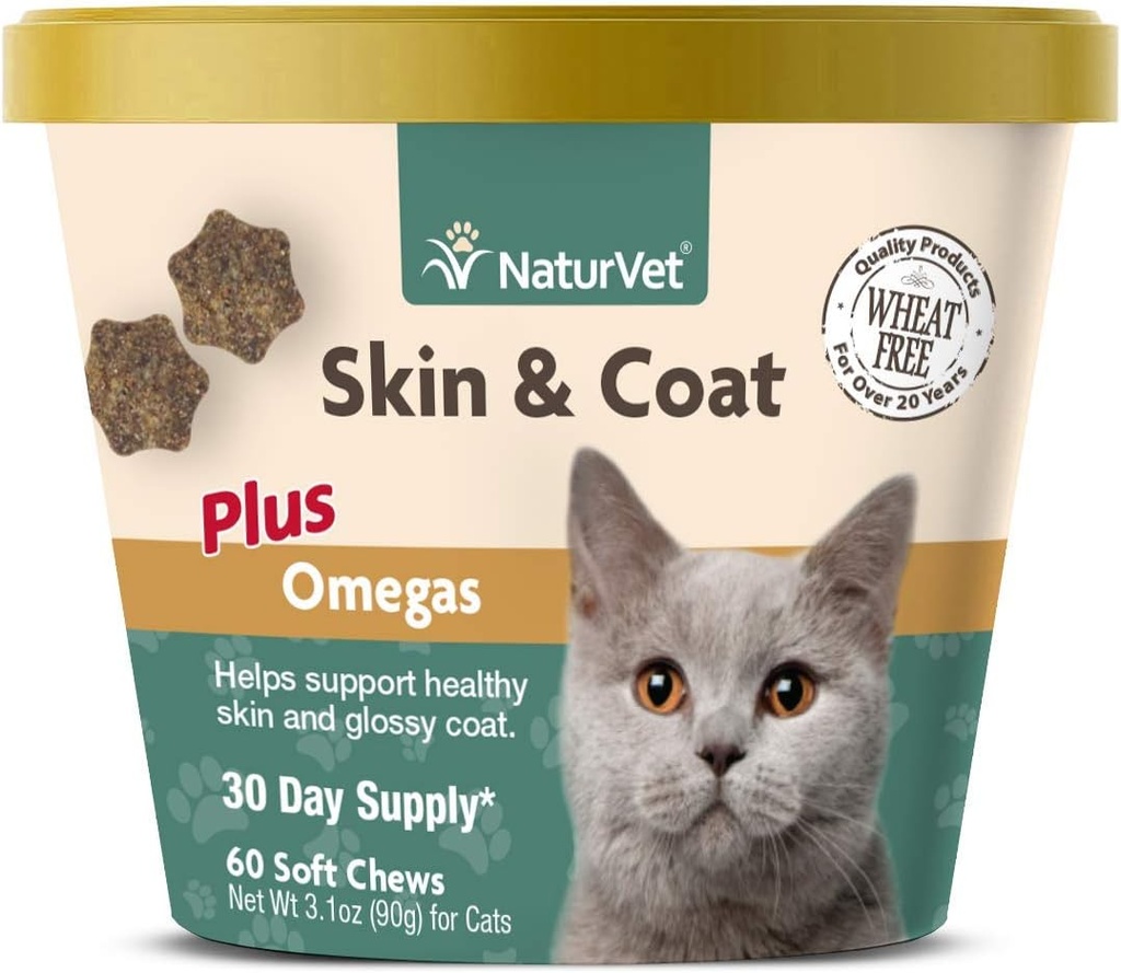 NaturVet – Skin & Coat Plus Omegas for Cats – 60 Soft Chews | Supporta pelle sana e cappotto lucido | potenziato con Omega-3, Omega-6 & Biotin | 30 giorni di alimentazione