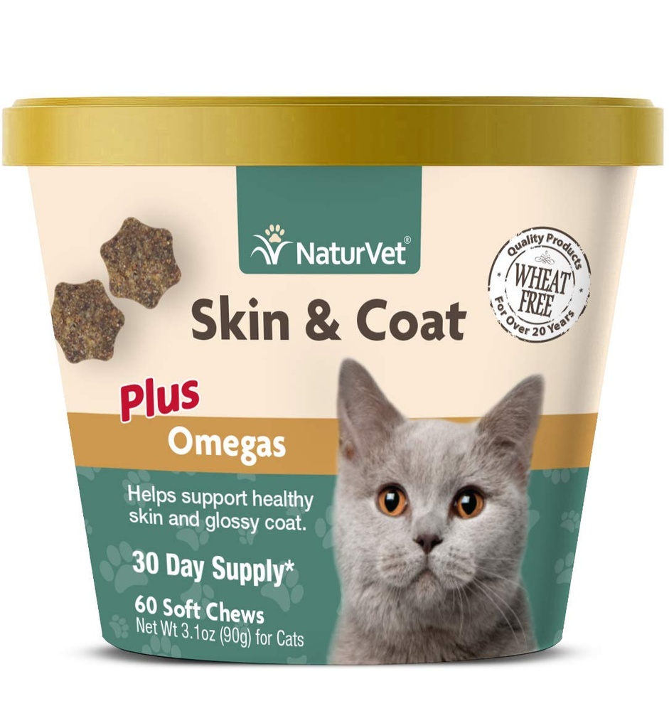 NaturVet – Skin & Coat Plus Omegas for Cats – 60 Soft Chews | Supports Healthy Skin & Glossy Coat | Enhanced with Omega-3, Omega-6 & Biotin | 30 Day Supply