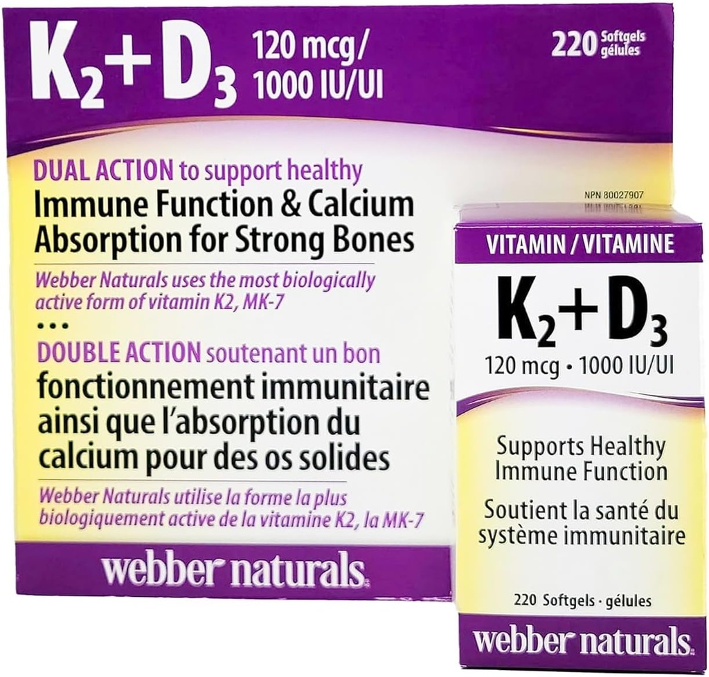 Webber Naturals K2 + D3 120 мкг/1000 МЕ, поддерживает здоровую иммунную функцию - 220 мягких гелей