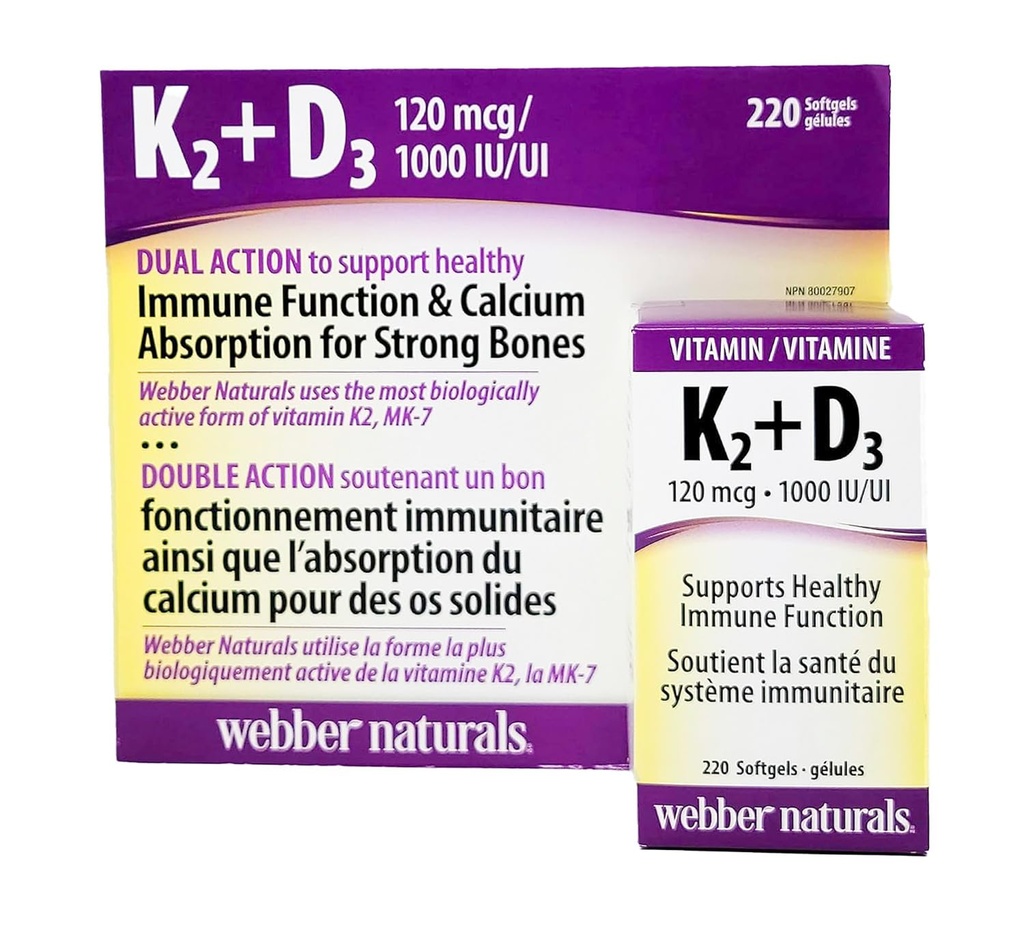 Webber Naturals K2 + D3 120 mcg/1000 IU, Supports Healthy Immune Function - 220 softgels
