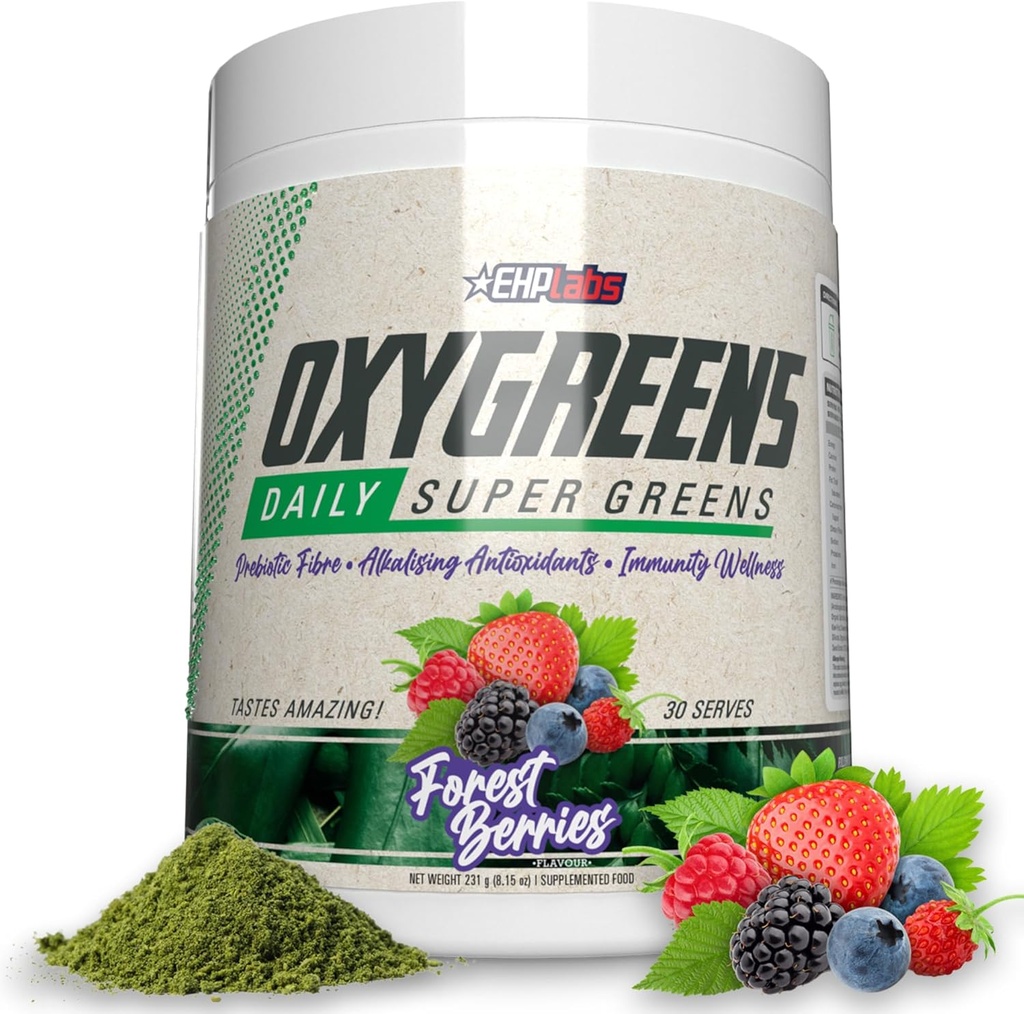 EHP Labs OxyGreens Super Greens Powder – Integratore giornaliero di Greens & Superfood con Spirulina, Clorella, Prebiotici, Enzimi Digestivi, Antiossidanti – 30 Serve (Borelle Forest)