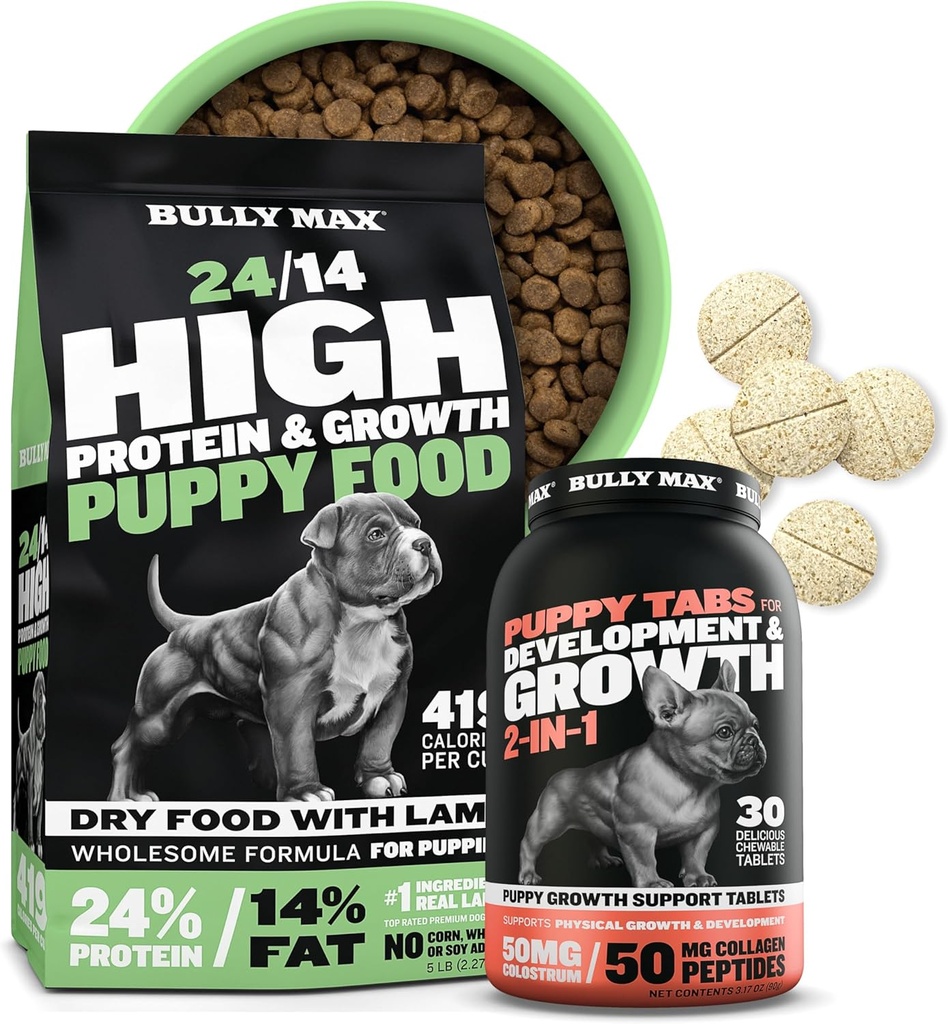 Bully Max 24/14 høy Protein Puppy Mat (5lbs.) og Puppy Vitaminer (30 tyggetable faner) for utvikling og vekst Bundle - Muskel, Immun, Bein & Digestiv Støtte i små og store avler