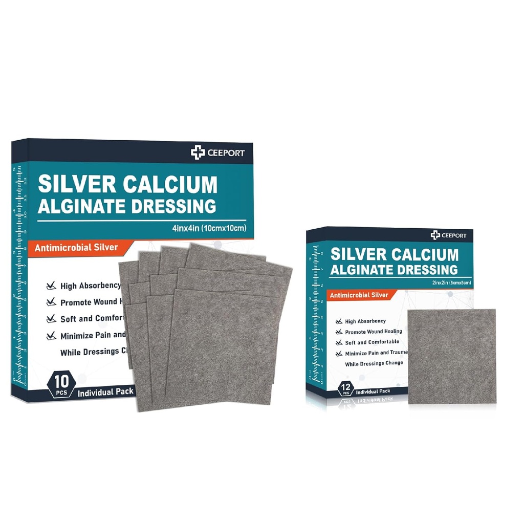 Silver Calcium Alginate Dressing(4 "x 4" 10 Pcs + 2 "x 2" 12 Pcs)