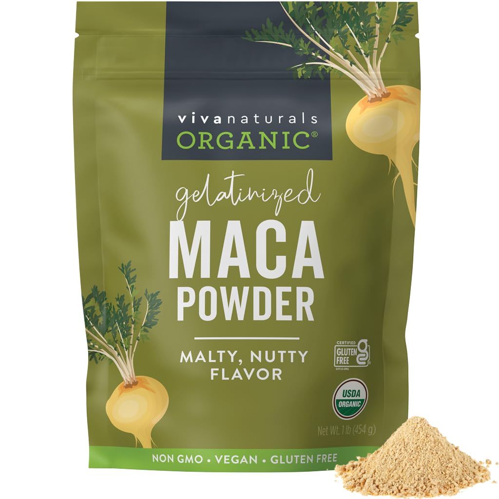 Viva Naturals Organic Maca Powder, Gelatinized, 16 oz (1 lb) – Vegan, USDA Organic, Gluten-Free, Non-GMO Peruvian Superfood in Resealable Bag