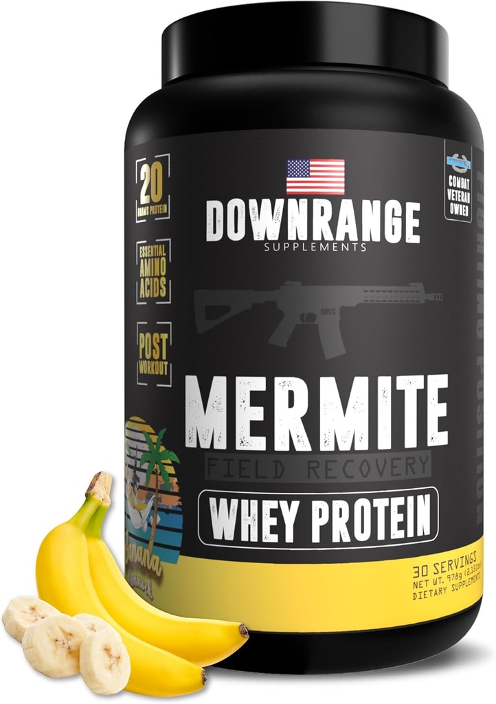 DownRange Mermite Wei Proteïne Poeder, Post Workout Muscle Recovery en Energy Support, Drink Mix Supplement met 20g Wei Proteïne, 9g Aminozuur, 30 porties (Banaan)