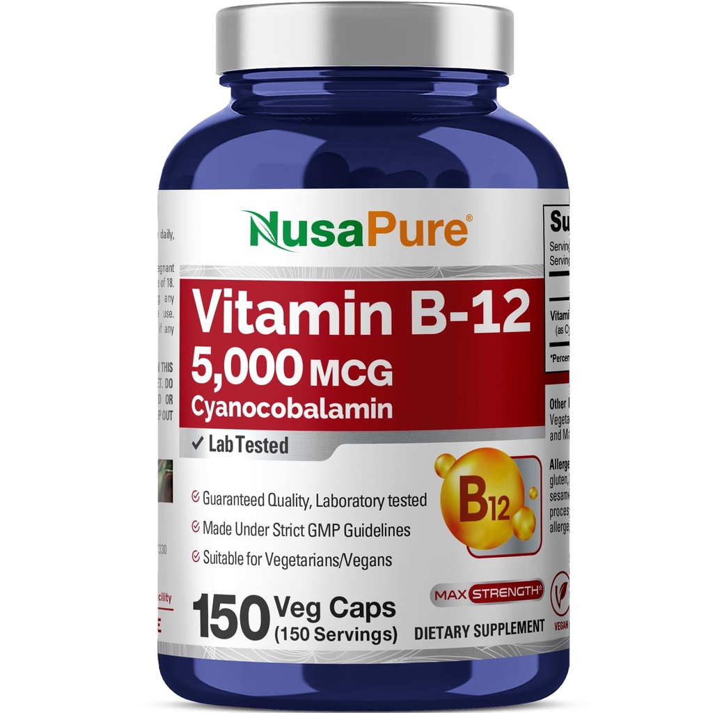 NusaPure Vitamin B12-5000 MCG 150 Veggie Capsules (Non-GMO, Vegan) - Max Strength Vitamin B12