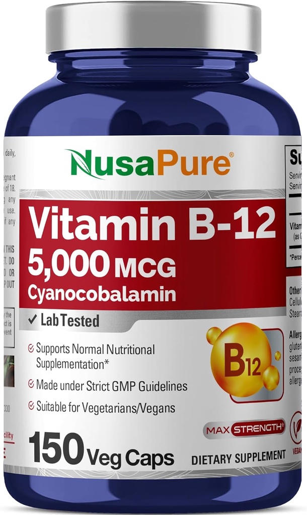 NusaPure vitamin B12-5000 MCG 150 Veggie kapsler (Non-GMO, Vegan) - Maks styrke vitamin B12