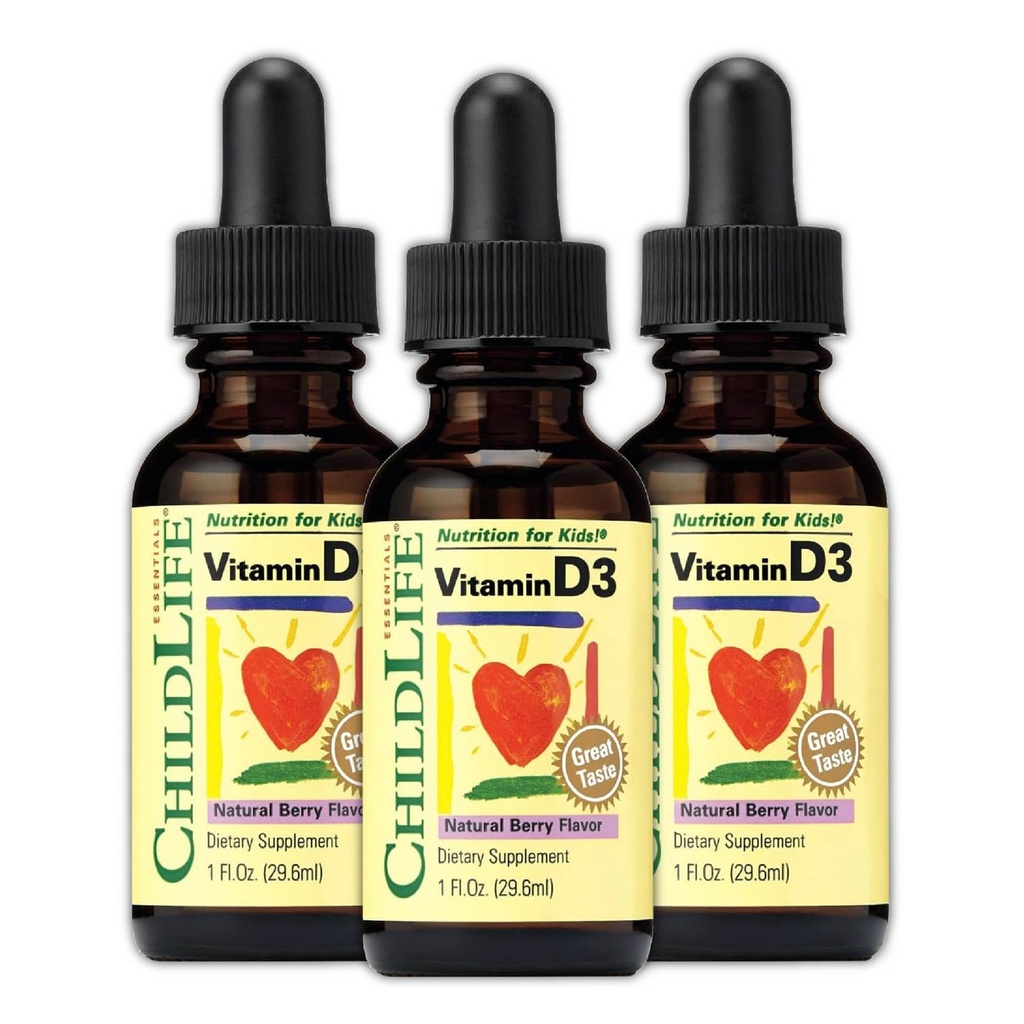 CHILDLIFE ESSENTIALS Baby Vitamin D3 Drops - for Infants, Children, & Toddlers, Vitamin D Drops, 500 IU per Serving, Immune & Bone Health Support, Natural Berry Flavor - 1 Fl Oz (Pack of 3)