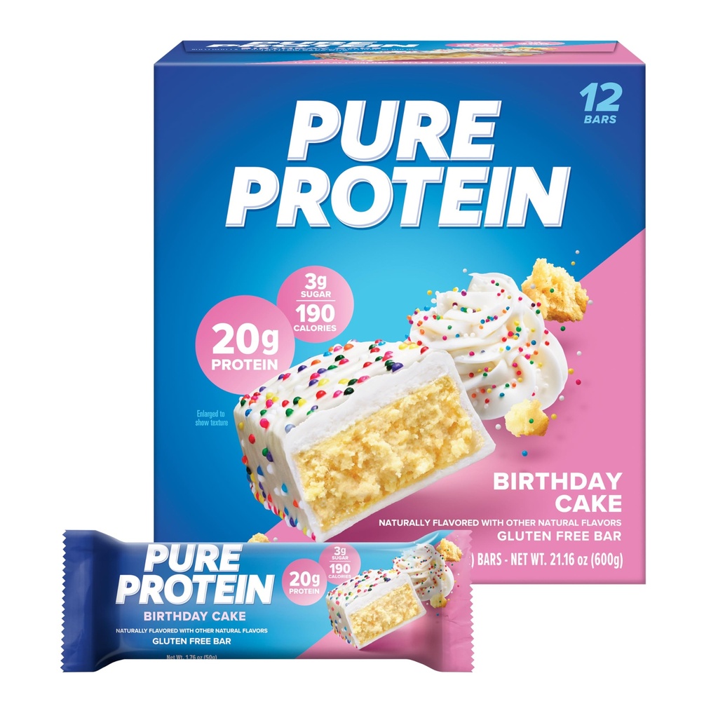 Pure Protein Birthday Cake Protein Bars – 20g Protein, 3g Sugar, 190 Calories (12 count) Low Sugar* High Protein Snack - Gluten Free - Perfect for a Healthy Snack