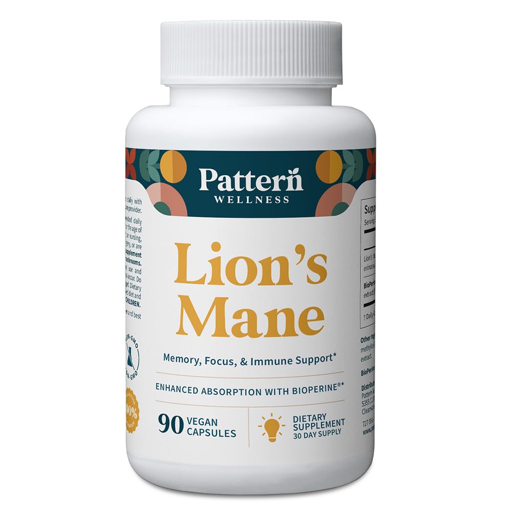 Pattern Wellness Lion’s Mane Mushroom – Supplement Capsules for Cognitive & Focus Support – Enhanced Absorption – 90 Vegan Capsules