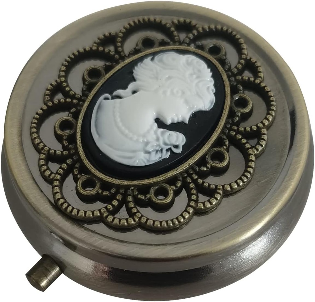 Organizzatore di pillole di bronzo, scatola di medicina portatile per tasca o borsa, titolare di vitamina di metallo decorativo, contenitore classico piccolo pillole, regalo creativo unico per le donne