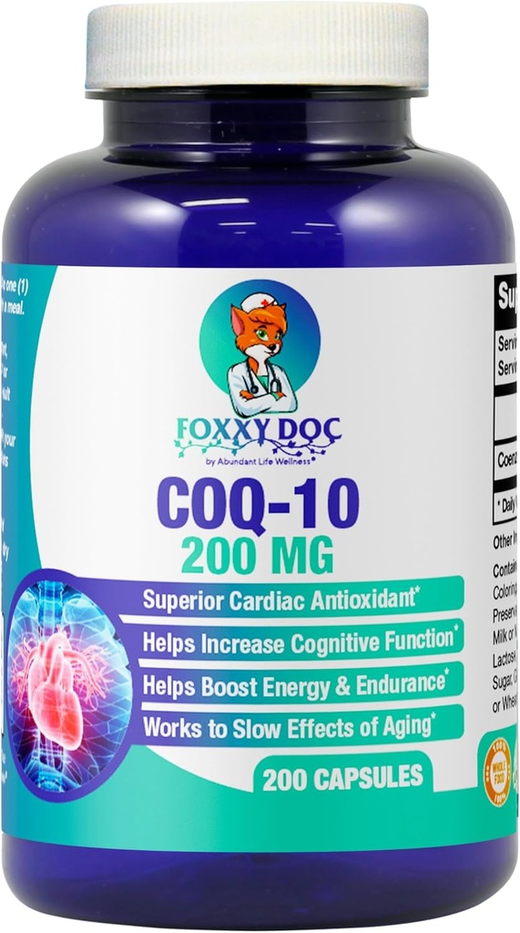 CoQ10 - Co-Enzyme Q10-200 mg -High Absorption - 400 mg 2 kapako - Ez-GMO - Gluten Free - 200 Veg. Caps - Heart & Cellular Support - Foxxy Doc-ek Estatu Batuetan egina