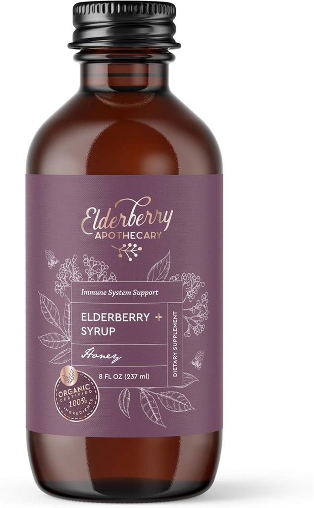 Elderberry Syrup - Tasty, Pure Black Sambucus Liquid extract - Fresh & Organic Aronia Berries, Ginger Root, Cinnamon, Echinacea - Immunitatea, Antioxidatzaile Naturala - 8oz