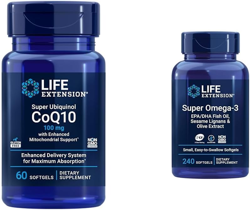 Life Extension Super Ubiquinol CoQ10 mit Enhanced Mitochondrial Support, ubiquinol CoQ10 & Super Omega-3 EPA/DHA Fish Oil, Sesam Lignans & Olive Extract - Omega 3 Supplement