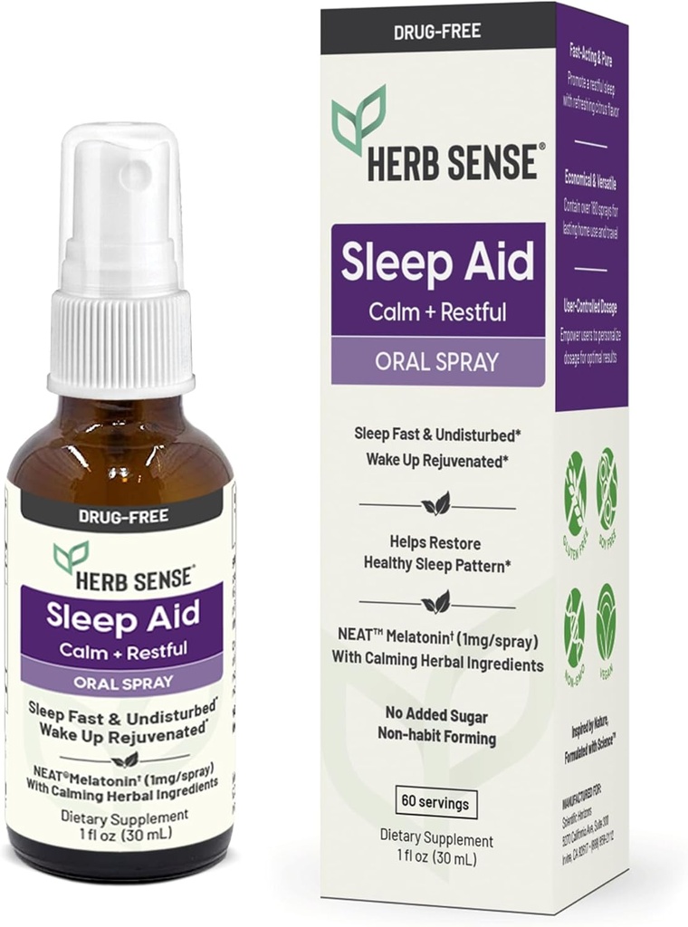 Sleep Aid, maye Melatonin, Natural Herbs, Calm, Restful, Oral Sprey,1 oz, Drug-Free, 60 Xidmətlər