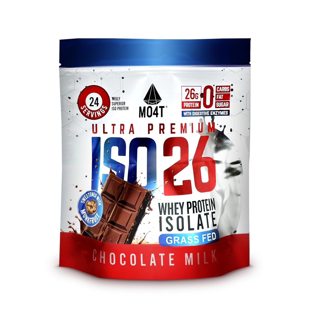 ISO26 Grass Fed Whey Protein Isolate with no Artificial sweeteners. Naturally Sweetened with Monk Fruit, 1.6 Pounds, 24 Servings, Chocolate Milk.