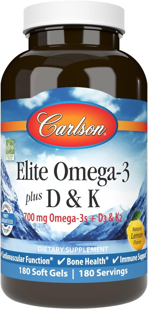 Carlson - Elite Omega-3 Plus D & K, 700 mg Omega-3s + D3 & K2, Funkcija, zdravje kosti in imunske podpore, Lemon, 180 kapsul