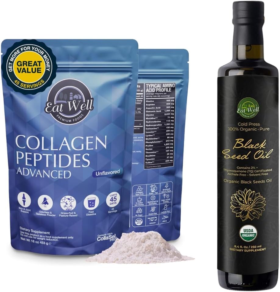 EAT WELL REMIUM FOODS Collagen Peptides אבקת חלבון 45 משרתות, 16oz & USDA אורגני שמן 8.4 FL oz בקבוק