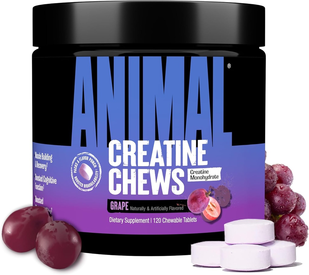 Animal Creatine Chews Tablets - Creatina potenziata Monoidrato con AstraGin per migliorare l'assorbimento, sale marino per pompe aggiuntive, Deliziose e Comode Chewable Tablets - Uva