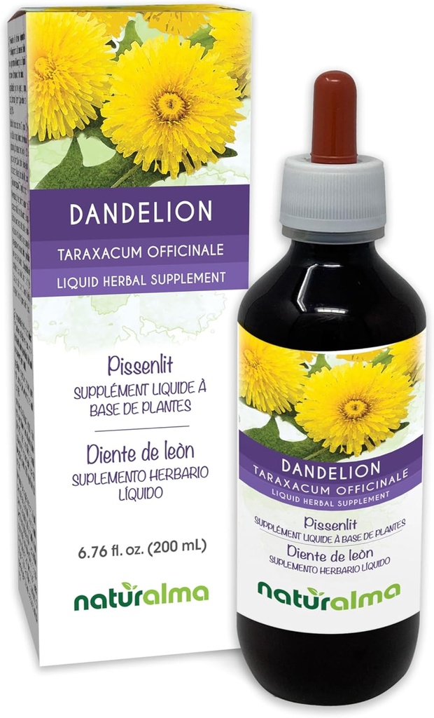 Naturalma Dandelion (Taraxacum officinale) Root og urt alkoholfri tinktur - 6,76 fl oz flytende ekstrakt i dråper - Herbal Supplement - Vegan