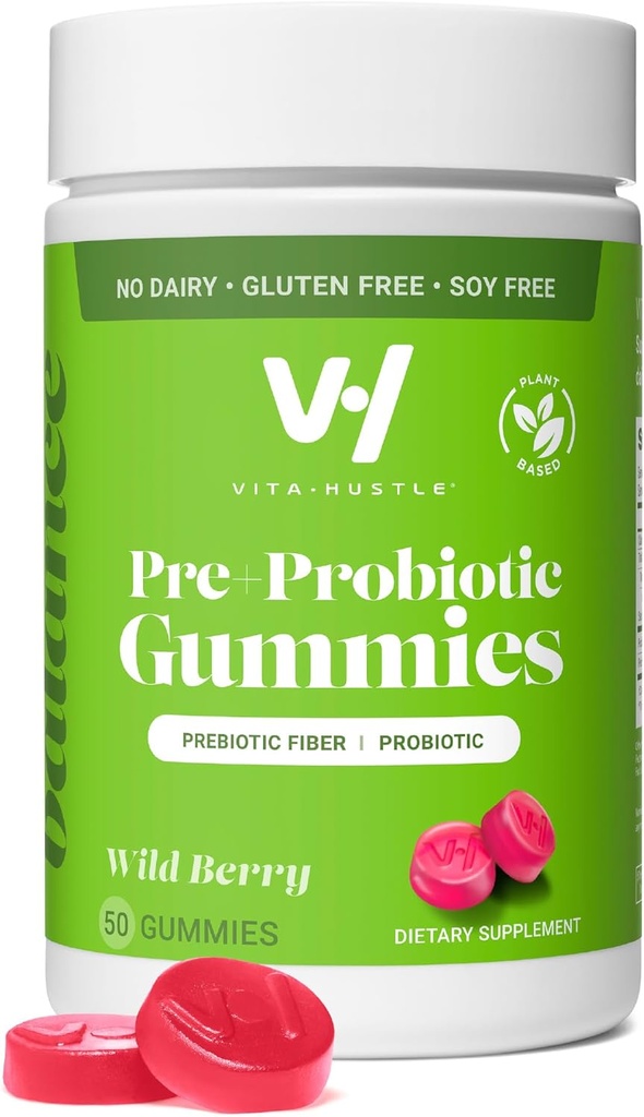 VitaHustle Pre + Probiootti Gummies, Vegan, Gut Health, Digestion, turvotus, helpotus, Immuunituki, matala sokeri, kasvipohjainen, ei GMO, marjamaku, 50 kreivi