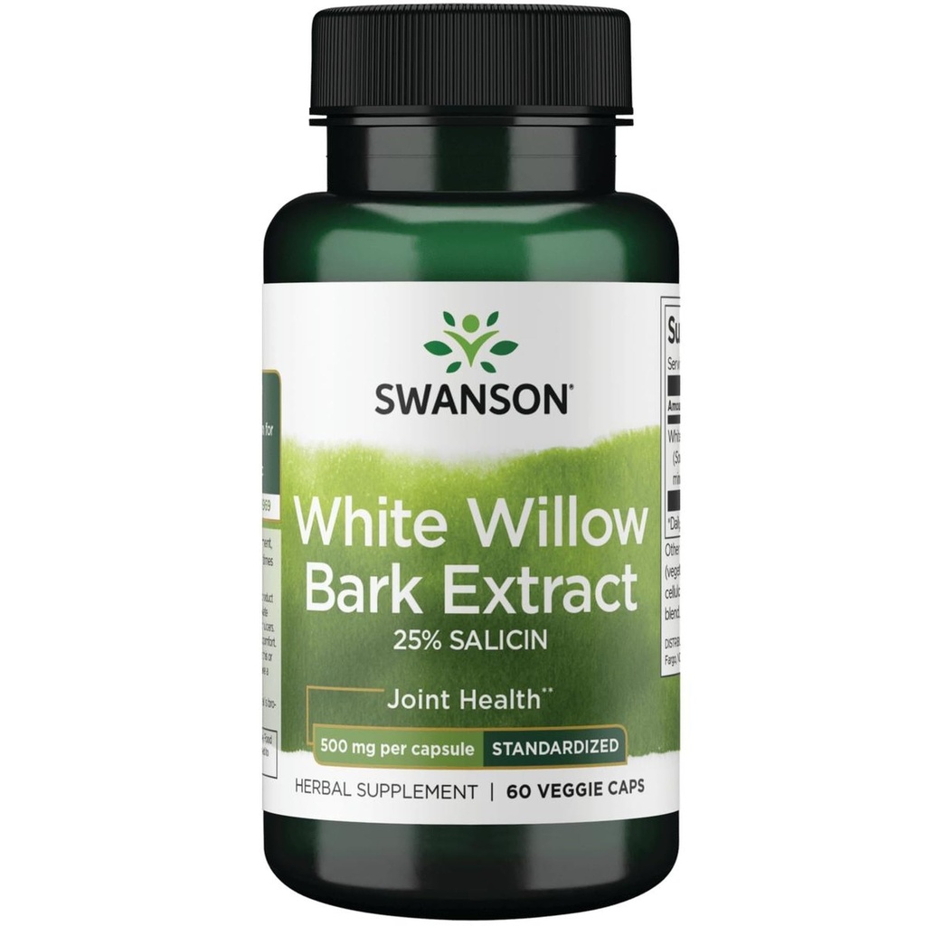 Swanson Maximum Strength White Willow Bark Extract 500 mg, 60 Veg Capsules | Maximum-Strength White Willow Bark Standardized to 25% Salicin to Promote Joint Support and Muscle Relief Without Irritation