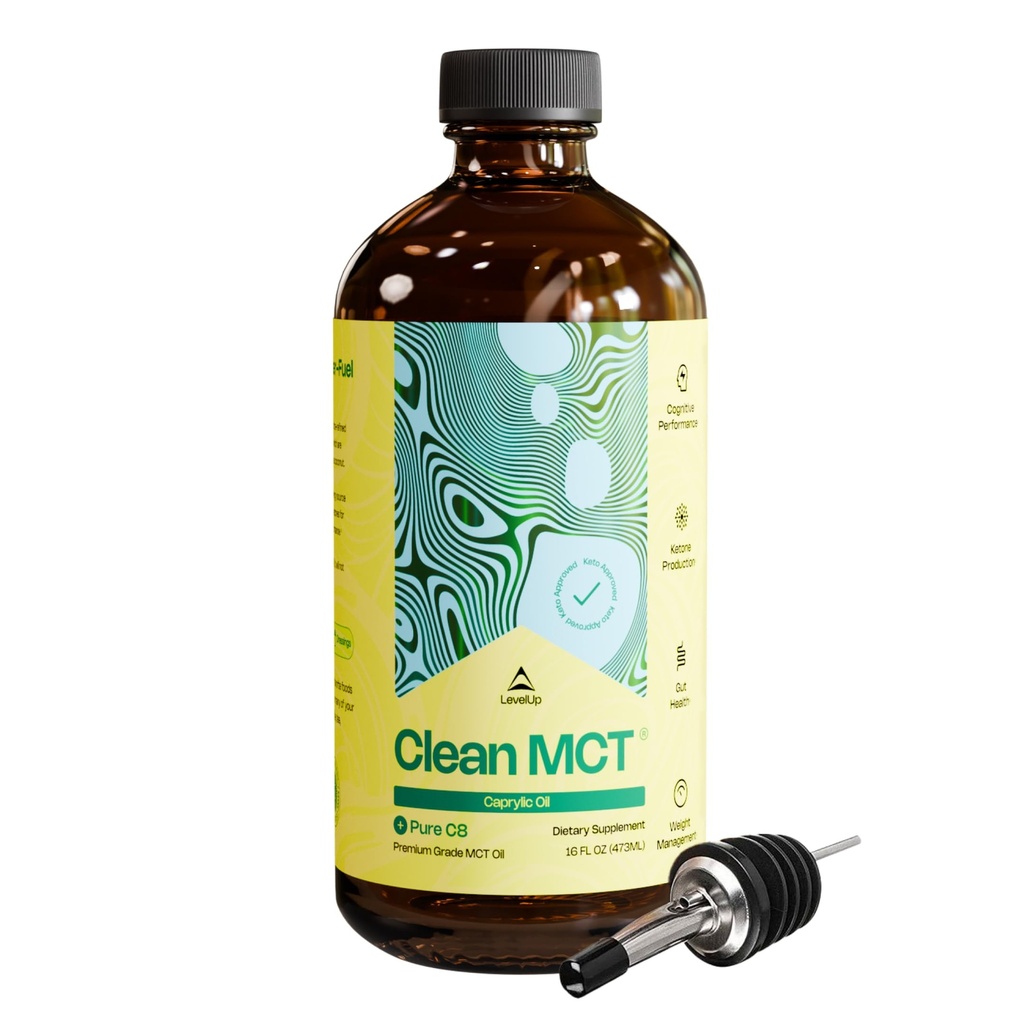 LevelUp C8 MCT Oil – 100% Pure Caprylic Acid (from Coconut) for Clean Energy & Focus – Keto-Friendly MCT Oil for Coffee – Non-GMO (Glass Bottle, 16 oz)