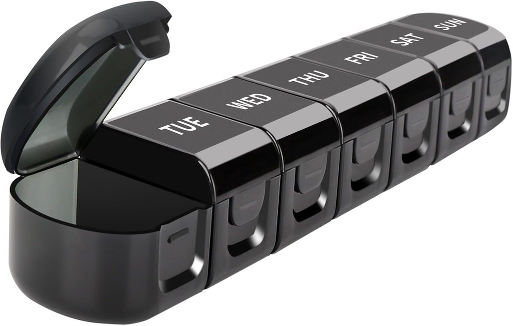 Daily Pill Organizer, 7 komponenti eemaldatav meditsiinikarbi konteiner, must, reisi suurus Vitamiinide planeerija meeldetuletus, kaasaskantavad ravimid 7-päevane ravimi hoidja, kalaõlid, toidulisandid