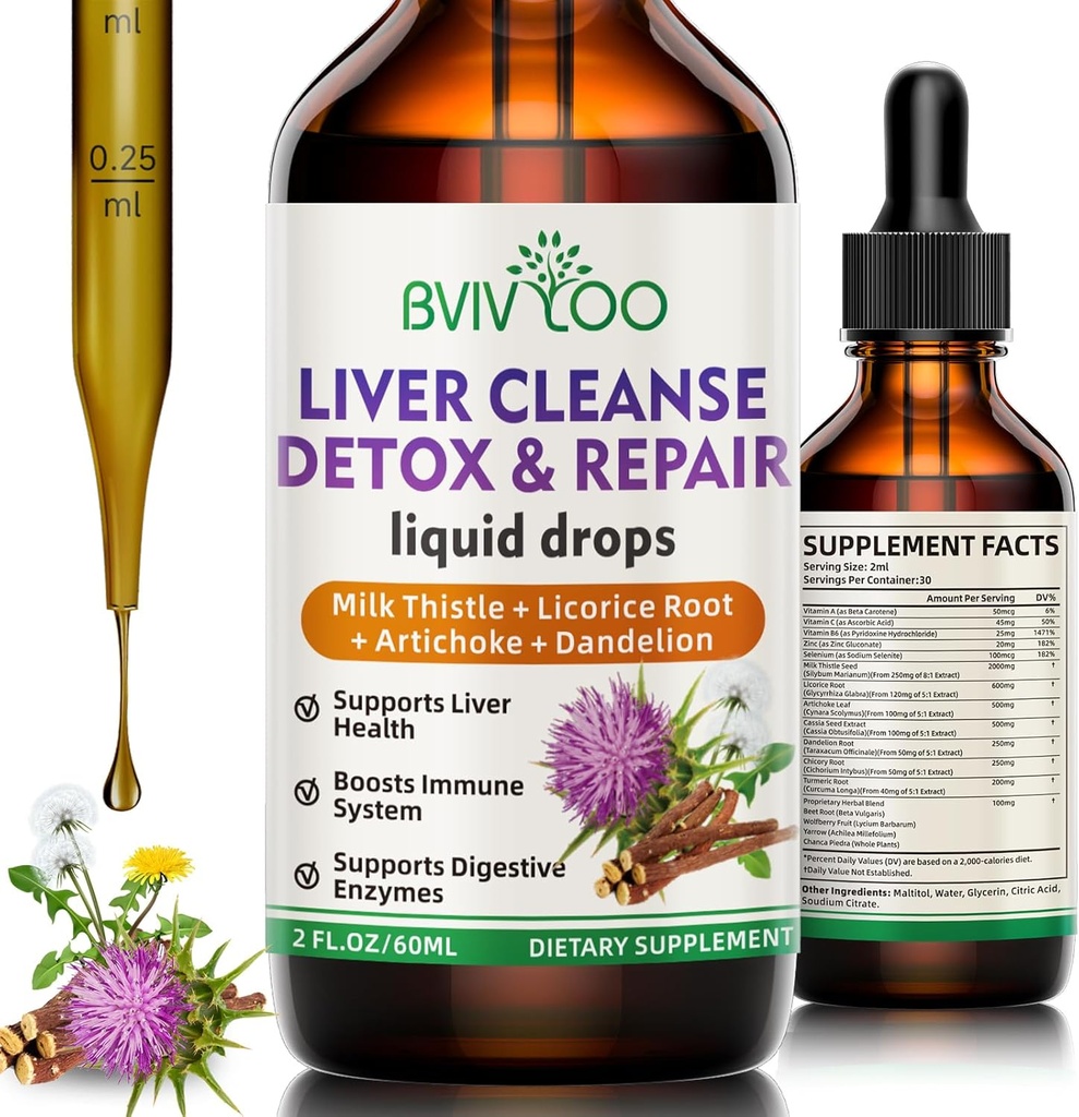Liquid Drops - 2000mg Milk Thistle, Dandelion Root, Artichoke, Silymarin Extract, & Turmeric Herbs - Vegan, Non-GMO - 2 Fl Oz (60ml) Botila
