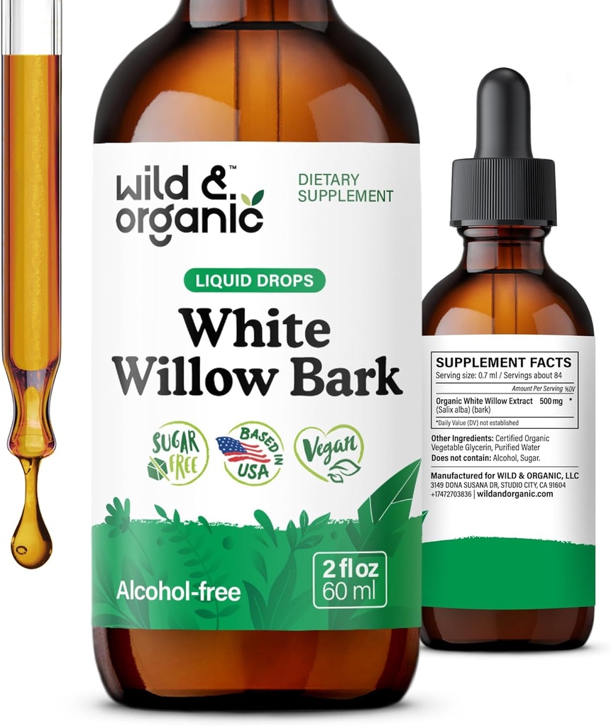 Wild " Organic White Willow Bark Extract Liquid drops - Overall Well-Being supplement - 500 mg White Willow Bark Herb Tincture - No Alcohol " Sugar, Non-GMO - 2 fl oz