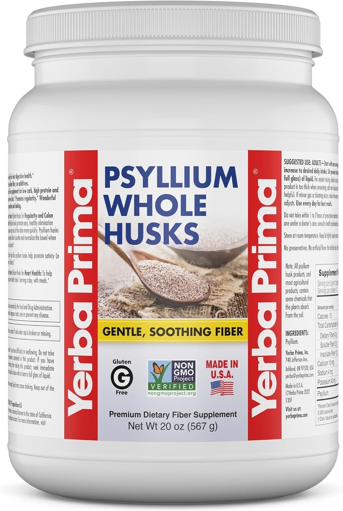 Yerba Prima Psyllium Whole Husks סיבים תוספת - ניקוי קולון - Gut Health - טבעוני Non-GMO Gluten חינם - 20oz