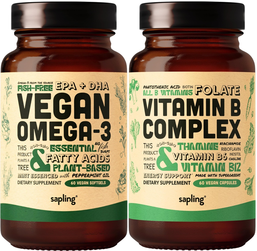 Vegan Omega 3 & Vegan Vitamin B Complex Bundle - Plant-Based DHA & EPA Fatty Acids, Essential B Vitamins with Whole Food Blend, B1, B2, B3, B5, B6, B7, Folate