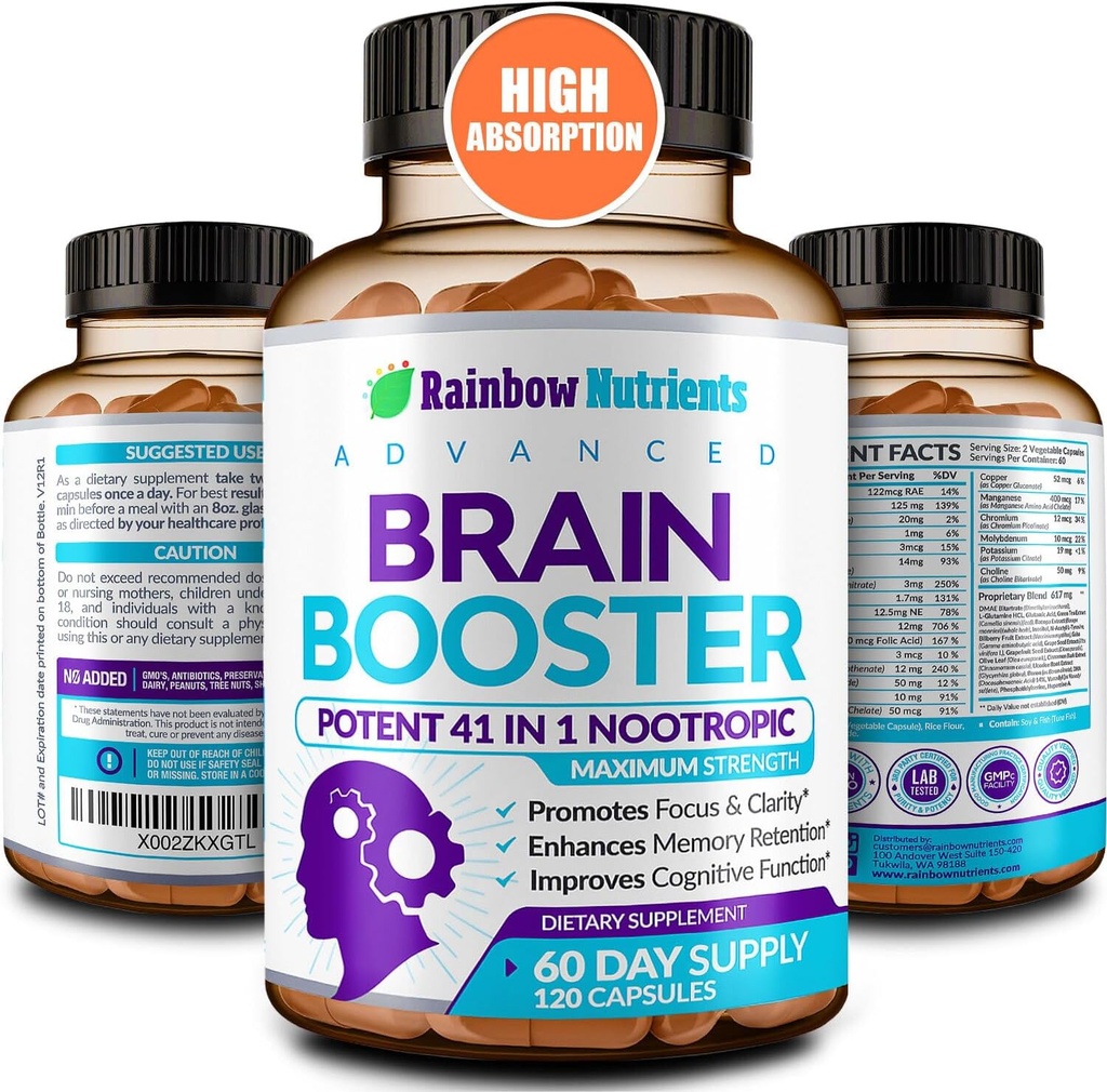 40- in-1 Brain Booster Kosttilskud til hukommelse, fokus, Klarhed, energi, ydeevne, 124; Natural Nootrop Brain Support Supplement med DMAE, Bacopa Monnieri & mere 124; for mænd og kvinder 124; 120 V kapsler