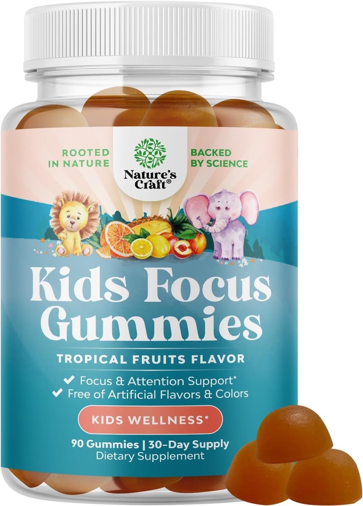 Kids Focus Gumies - Nootropics Brain Support Supplement for Kids with Green Tea Extract, B6 & B12 Vitamins for Memory and Brain Focus - Herbal Concentration Chews for Children - 90 Count