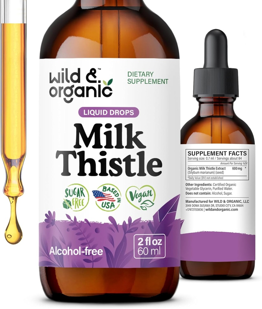 Wild & Organic Milk Thistle Extract Drops - Liver Cleanse Support - Milk Thistle Liver Detox Tincture - Silymarin Addition - Silybum Marianum Seeds - Vegan, Sugar & Alkoholio - Free - 2 fl oz
