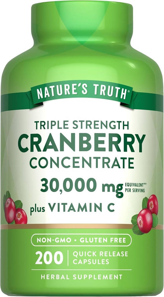 Natural Truth Cranberry Concentrate Pills | Máis vitamina C | 30.000mg | 200 cápsulas de liberación rápida | Non-GMO & Gluten Suplemento gratuíto