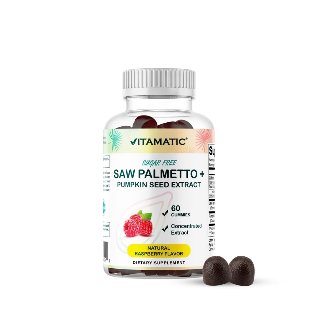 Vitamatic Saw Palmetto & Pumpkin Seed Gummies – Sugar-Free Botanical Extract – Natural Raspberry Flavor – Vegan, Non-GMO, Plant-Based Gummies – 60 Count