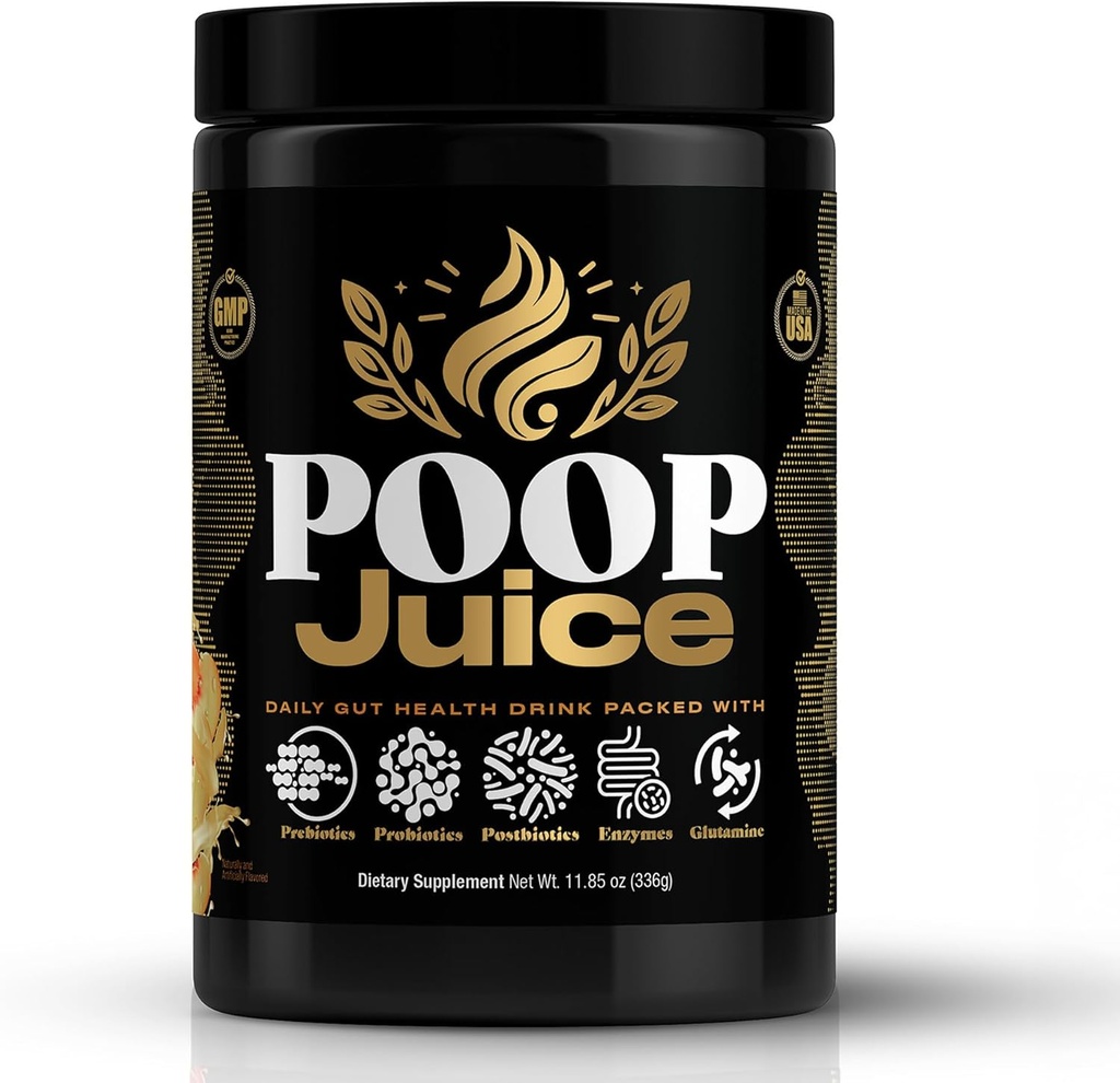 Poop Juice 5- in- 1 Prebiotic, probiotic, Postbiotic, Digestic Enzimes & Glutamin Supplement Powder - Bloat Relief, Gut & Immune Support - Sugar & Lactose- Free - 30 Servings (Georgia Peach Mango)