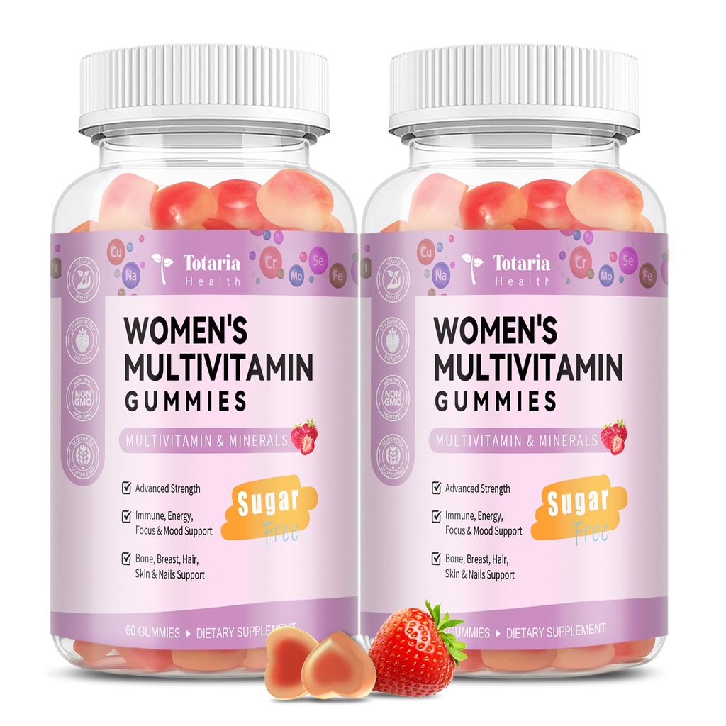 Totaria Sugar Free Multivitamin Gummies for Women 14+ w/Inositol, Iron, Folate, Biotin, Womens Daily Multivitamin Gummy w/Vitamin A, D, C, B, Support Hair, Skin, Energy, Immune, Strawberry Flavor