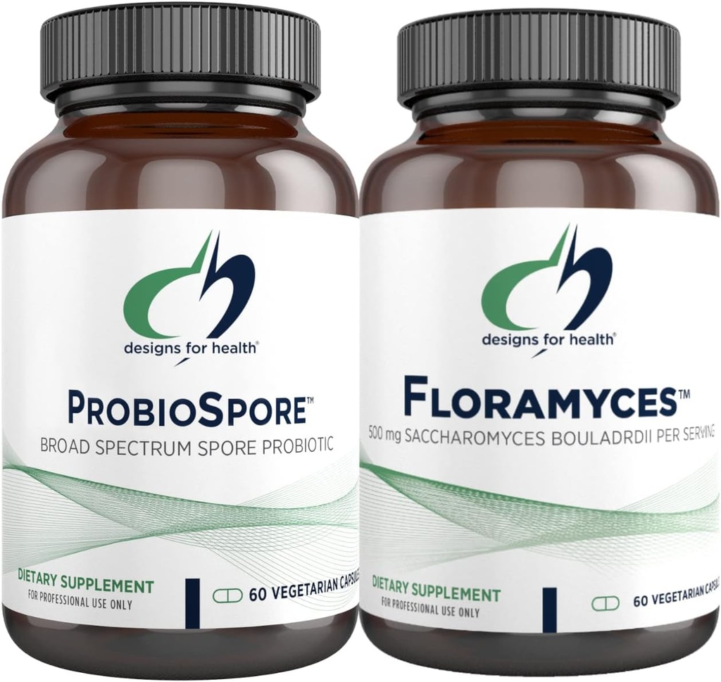Designs für Gesundheit Saccharomyces Boulardii (60 Kapseln) + ProbioSpore Spore Based Probiotic (60 Kapseln) - 2 Gut Health Supplements - Regal-stabil, Säurebeständige Verdauungsprobiotik