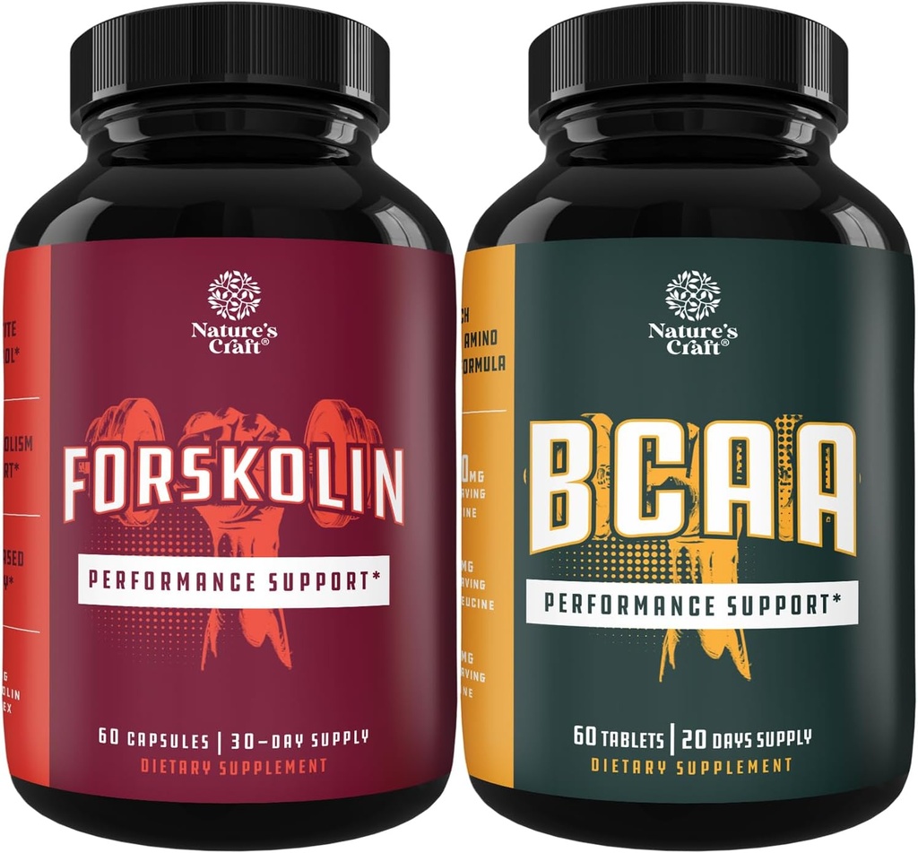 Bundle of Natural Pre Workout Forskolin Supplement and Branch Chain Amino Acids Supplement - Natural Energy Booster and Workout Supplement - Vegan BCAA kapslid pärast treeningut Lihaste taastamine