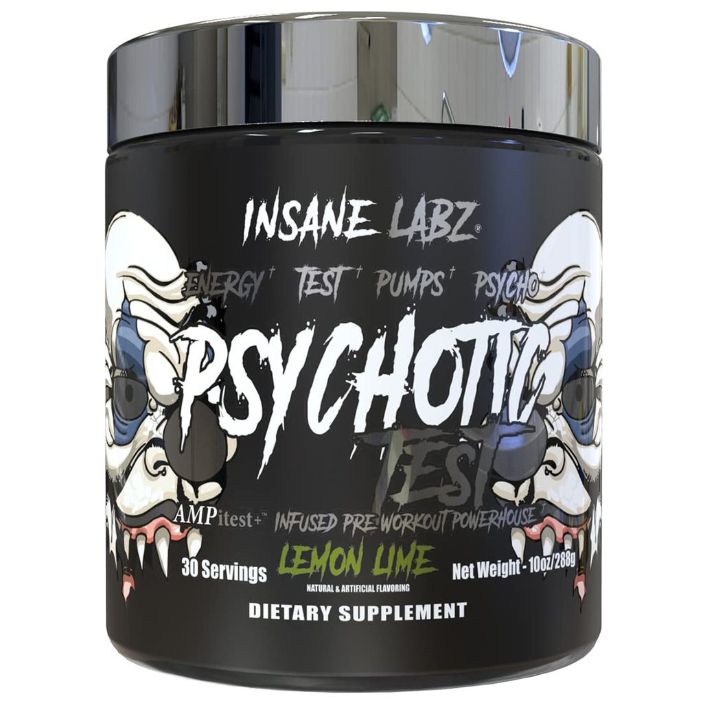 Insane Labz Psychotic Test, High Stim Testosterone Energy and Pump Boosting Pre-Workout Powder with DMAE Bitartrate, D Aspartic Acid, Creatine HCL and Glycerol Monostearate, 30 Servings (Lemon-Lime)