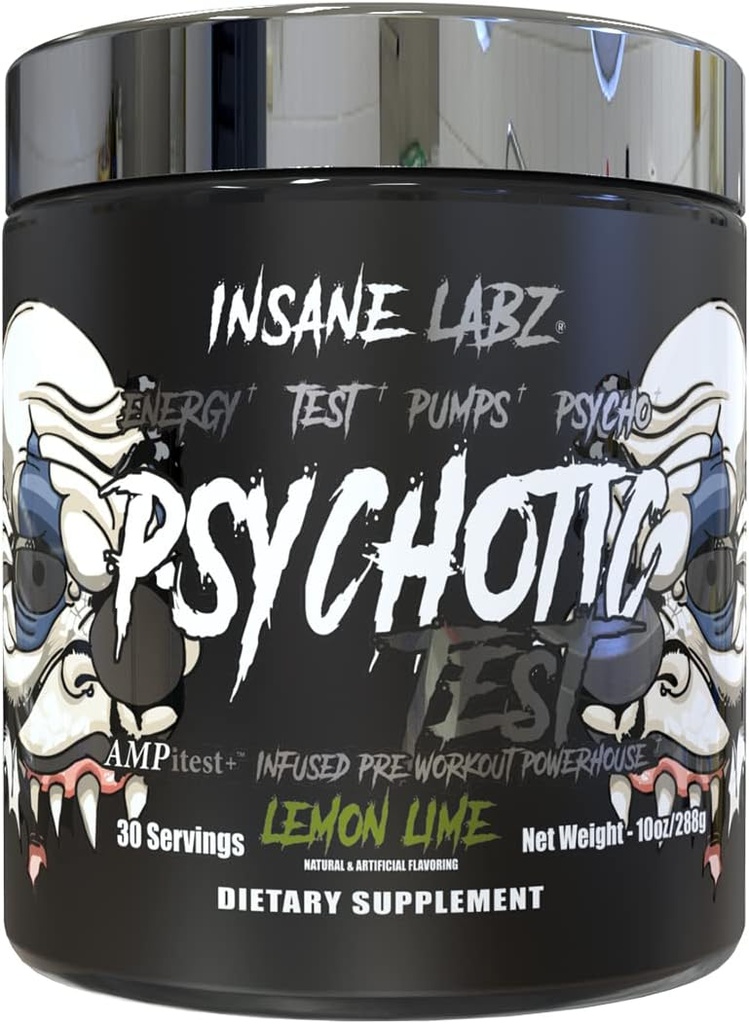 Tes Gila Labz Psychotic, Testosteron Tinggi Stim Testosteron Energi dan Pompa Boosting Pre- Powder Workout dengan DMAE Bitartway, D Aspartic Acid, Cretine HCL dan Glycerol Monostearate, 30 Hamba, Lemon Lime