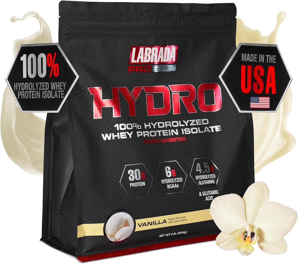 LABRADA Hydro 100% ren Hydrolysert Whey Protein Isolere pulver, Laktosefri, Glutamin, Fasteste Diading Whey Tilgjengelig, Instant Mixing, Delicious Smak 48 Servings 4lb (Vanilla)