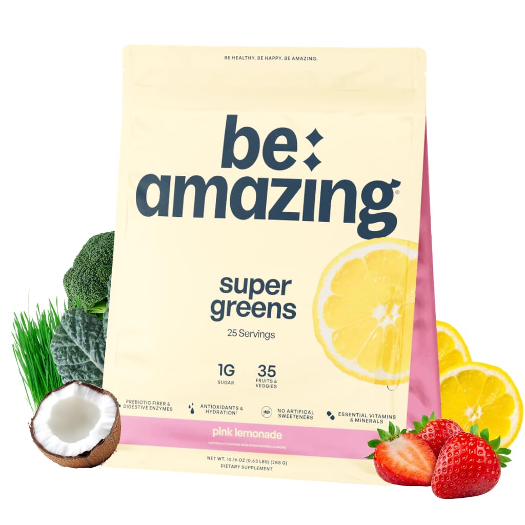 BE AMAZING Super Greens Powder with Prebiotics, Digestive Enzymes & Antioxidants, 35 Fruits & Veggies, Electrolytes & Fiber, Vegan, Gluten Free Juice & Smoothie Mix, Pink Lemonade, 25 Servings