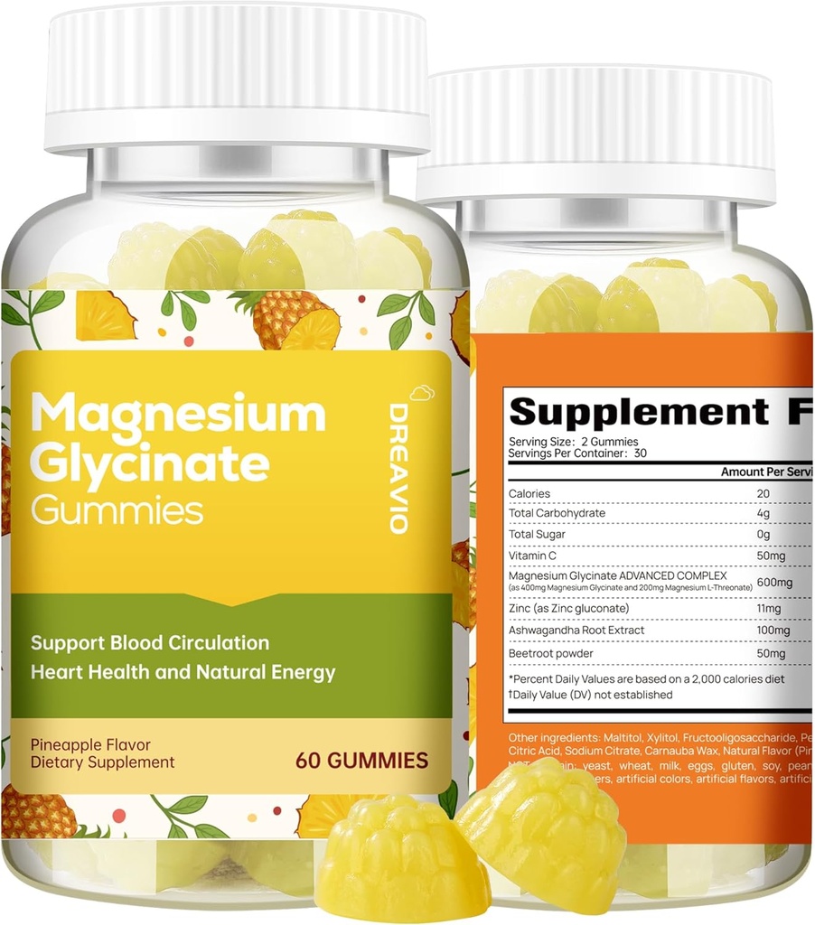 60 Count Magnesium Glycinate Gummies 400mg w/Ashwagandha Supplement - Sugar Gratis Sink Magnesium Glycinate Supplement Ashwagandha Gummies for voksne Pineapple Flavor