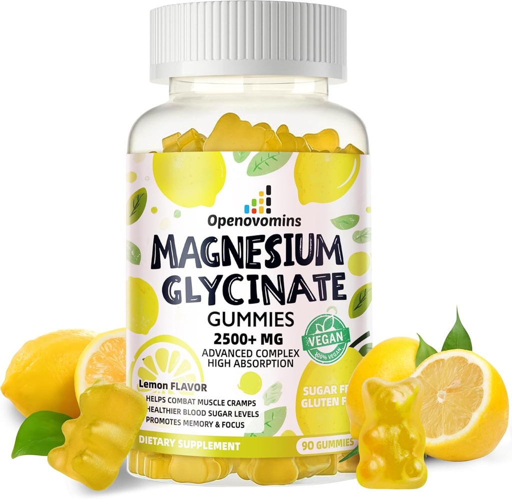 Glycinat de magnésium 2500mg - Supplément de potassium de magnésium sans sucre avec vitamine D, B6, CoQ10 pour l'humeur calme et le soutien du sommeil - 90 Gommies de citron