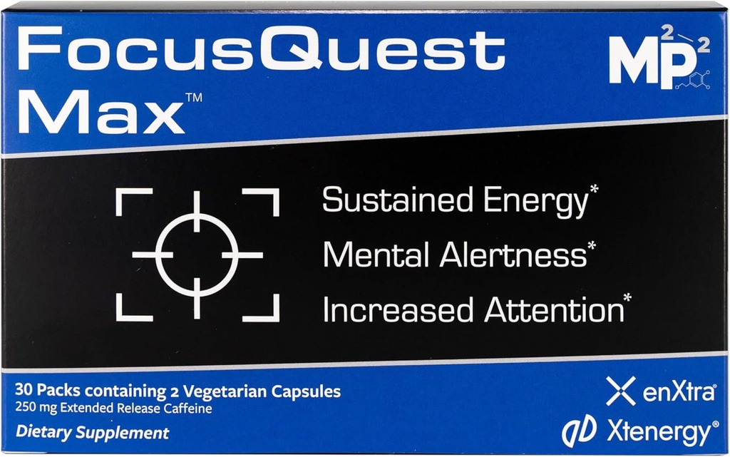 FocusQuest Max Focus Supliment cu Extended Release Caffeine și L-Theanine, Nootrop Supliment pentru energie și productivitate - Vegan, Gluten-Free pentru profesioniști, Studenți, Mamele Ocupate și Fitness
